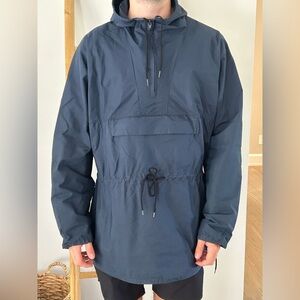Navy Blue Hooded Pullover Anorak Nylon Blend Outdoor Jacket Unisex Large